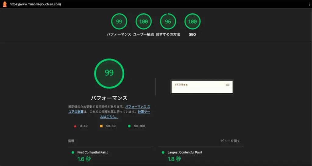 パフォーマンスのスコア99のLighthouseのスクリーンショット